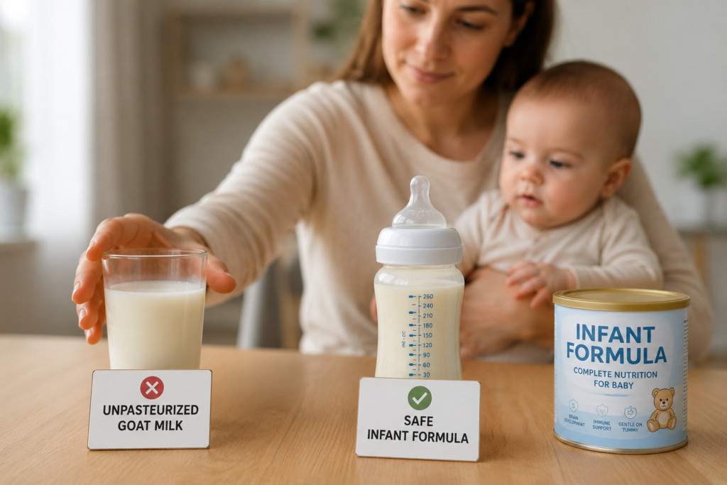 Mother avoiding goat milk for her infant to prevent health complications and infant anemia