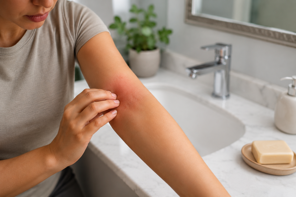 Skin redness and contact dermatitis reaction from applying topical goat milk soap.