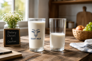 A glass of fresh goat milk on a wooden kitchen table representing dietary choices and potential side effects.