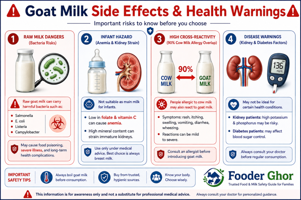 Fooder Ghor safety infographic outlining major goat milk side effects, infant hazards, and raw milk risks.