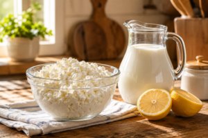 Fresh homemade cottage cheese in a glass bowl with milk and lemons on a wooden table.