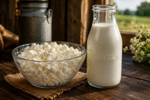 Fresh raw milk cottage cheese in a glass bowl next to a bottle of fresh milk on a wooden table.