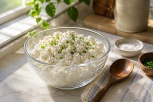 Fresh homemade cottage cheese made from yogurt in a glass bowl on a kitchen counter