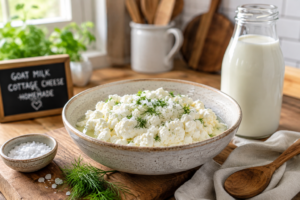 Fresh homemade cottage cheese made from goat milk in a bowl on a kitchen table