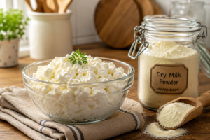Homemade cottage cheese made from reconstituted powdered milk in a glass bowl
