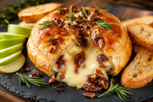 Baked brie cheese wrapped in puff pastry with fig jam and pecans cut open on a board