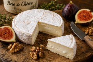 A wheel of homemade goat milk brie cheese cut open on a wooden board