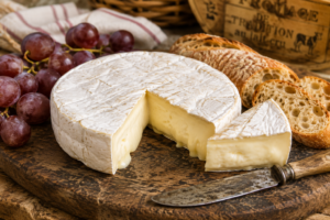 A wheel of traditional raw milk brie cheese cut open on a vintage wooden board