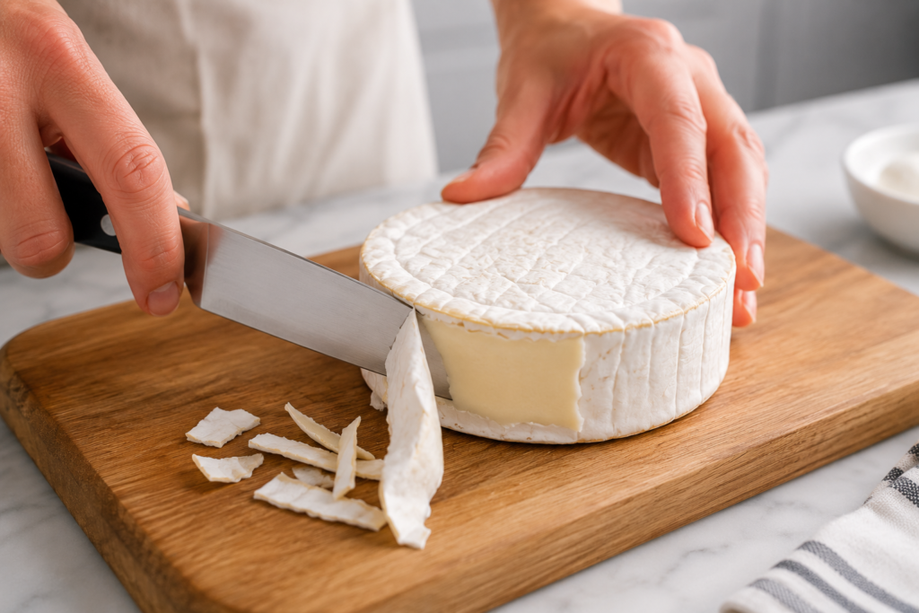 Trimming the white bloomy rind off a wheel of brie cheese with a sharp knife
