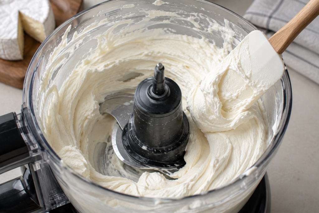 Whipped brie cheese processed until fluffy inside a food processor bowl