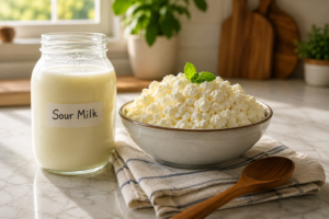 Fresh homemade cottage cheese made from sour milk on a wooden kitchen counter.