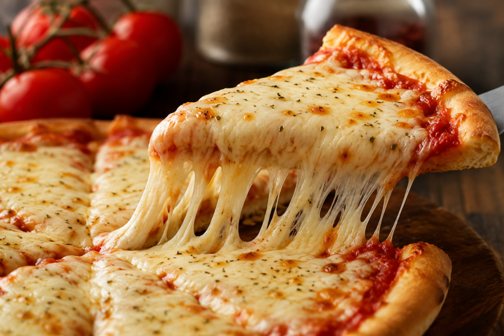Melted shredded mozzarella cheese stretching on a hot slice of baked pizza.