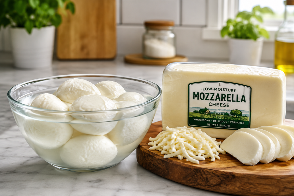 Fresh ovalini mozzarella balls in a bowl alongside a block of mozzarella cheese.