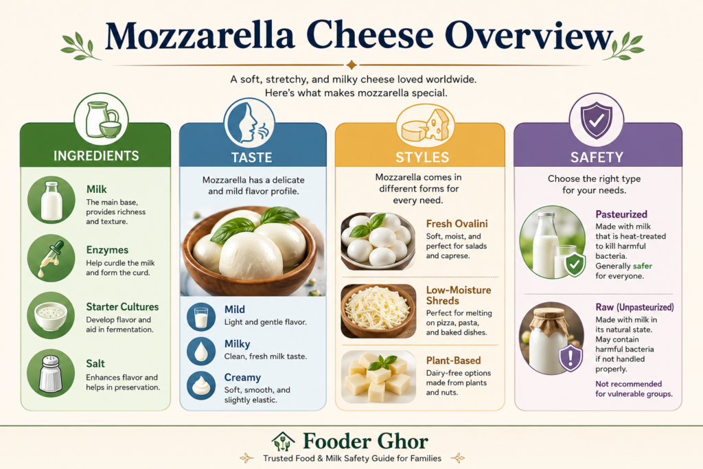 Fooder Ghor educational infographic summarizing mozzarella cheese ingredients, taste, and safety.