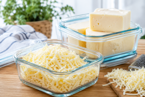 Mozzarella cheese blocks and shreds stored neatly in glass containers.