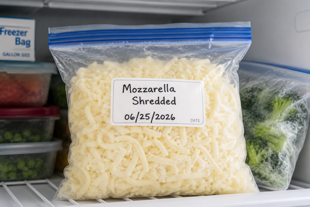 Shredded mozzarella cheese packed inside a zip-top freezer bag.