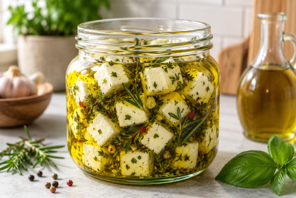 Mozzarella cheese cubes preserved in a jar of olive oil with herbs.