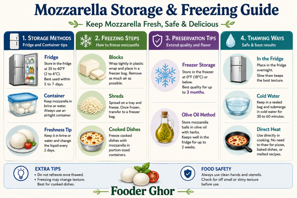 Fooder Ghor graphic explaining how to store, freeze, preserve, and thaw mozzarella cheese.
