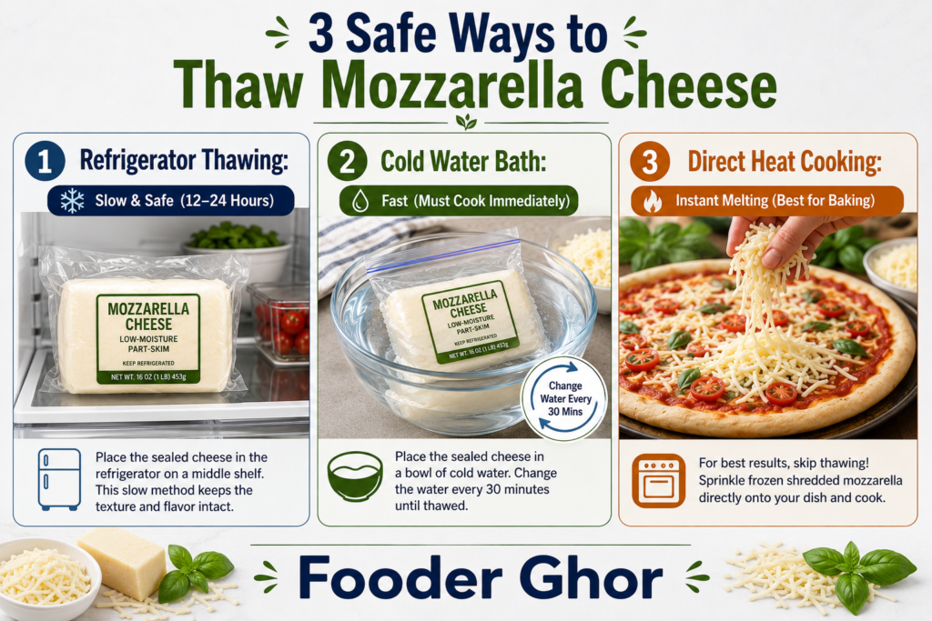 Infographic illustrating 3 safe ways to thaw mozzarella cheese including fridge thawing, cold water bath, and direct cooking by Fooder Ghor