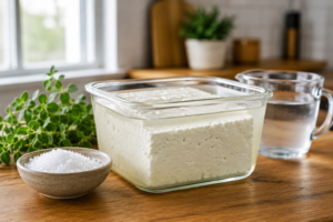 Glass jar with a block of feta cheese submerged in liquid brine on a kitchen counter