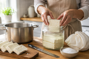 Home cook placing fresh homemade feta cheese blocks into a glass brine jar on a kitchen table