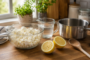 Kitchen setup for making feta cheese without culture using white vinegar and lemons