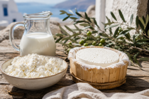 Rustic Mediterranean table setup with fresh goat milk and traditional sheep milk feta cheese