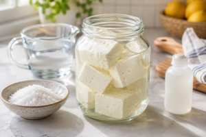 Glass jar of homemade feta cheese blocks submerged in clear saltwater brine solution