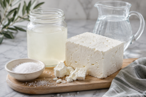 Block of brined white feta cheese on a marble counter illustrating potential side effects