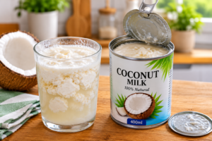 Spoiled curdled coconut milk in a glass showing lumpy texture and signs of bad quality