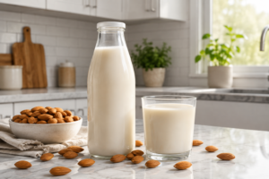A glass bottle of fresh almond milk sitting on a light kitchen counter next to whole almonds.