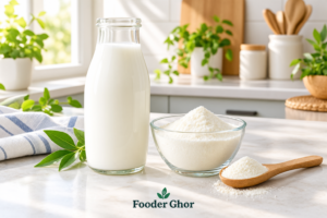 A glass of fortified milk and a bowl of dry cow milk powder on a sunlit counter representing Fooder Ghor bone health nutrition testing.
