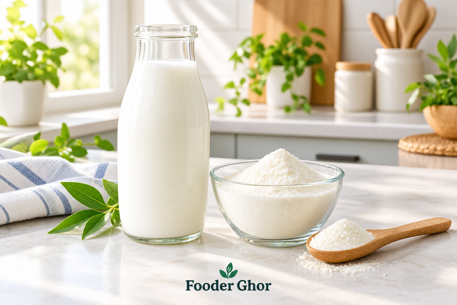 A glass of fortified milk and a bowl of dry cow milk powder on a sunlit counter representing Fooder Ghor bone health nutrition testing.
