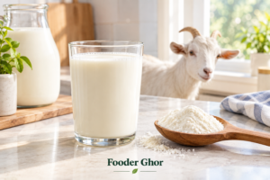 Glass of fresh creamy milk and goat milk powder on a wooden spoon representing the best goat milk powder for adults by Fooder Ghor.