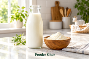 Glass bottle of fresh creamy goat milk and organic powder representing the best organic goat milk formula for toddlers by Fooder Ghor.