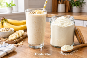 Tall glass smoothie and whole milk powder jar representing the best goat milk powder for weight gain by Fooder Ghor.