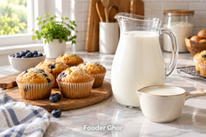 Glass jug of fresh milk and baked muffins representing the best liquid goat milk brands for baking & cooking by Fooder Ghor.