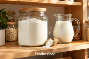 Large glass jar of milk powder with a wooden scoop representing the best bulk goat milk powder options by Fooder Ghor.