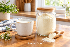 Warm mug of goat milk and powder jar representing the best easy-to-digest goat milk for seniors by Fooder Ghor.