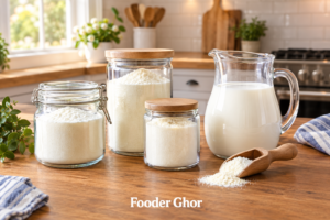 Glass containers of fresh milk powder and pitcher representing the best goat milk powder brands in the USA by Fooder Ghor.
