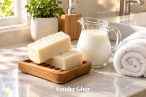 Handcrafted bars of natural soap resting on a wooden dish representing the best goat milk soap for eczema and psoriasis by Fooder Ghor.