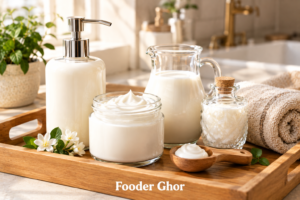 Bottles of nourishing body lotion resting on a wooden tray representing the best goat milk lotion for dry and sensitive skin by Fooder Ghor.