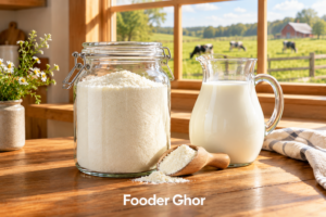 Glass jar of fresh milk powder and wooden spoon representing the best grass fed goat milk powder options by Fooder Ghor.