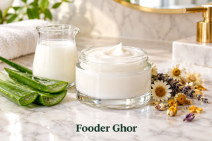 A glass jar of hydrating anti-aging moisturizer resting on a marble counter representing the best goat milk face cream for anti-aging by Fooder Ghor.