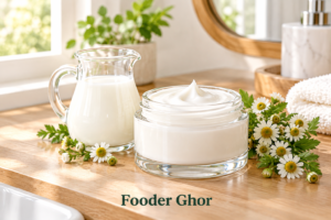 A jar of moisturizing daily face cream displayed alongside fresh goat milk representing the best goat milk face cream by Fooder Ghor.