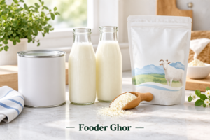 A side-by-side product comparison of Meyenberg and Mt. Capra goat milk powder containers with glasses of mixed milk representing the Meyenberg vs Mt. Capra showdown by Fooder Ghor.
