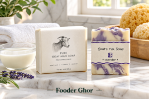 A side-by-side comparison of Beekman 1802 and Zum Bar goat milk soaps displayed on a marble tray representing the Beekman 1802 vs Zum Bar showdown by Fooder Ghor.