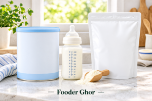 A side-by-side product comparison of Meyenberg goat milk powder and Kabrita toddler formula representing the Meyenberg vs Kabrita for toddlers showdown by Fooder Ghor.