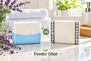 A top-down product comparison of the best goat milk soap for acne-prone skin featuring Caprina and Beekman 1802 bars by Fooder Ghor.