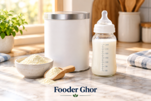 A top-down product comparison of the best goat milk formula for sensitive stomachs featuring Kabrita and Bubs cans by Fooder Ghor.